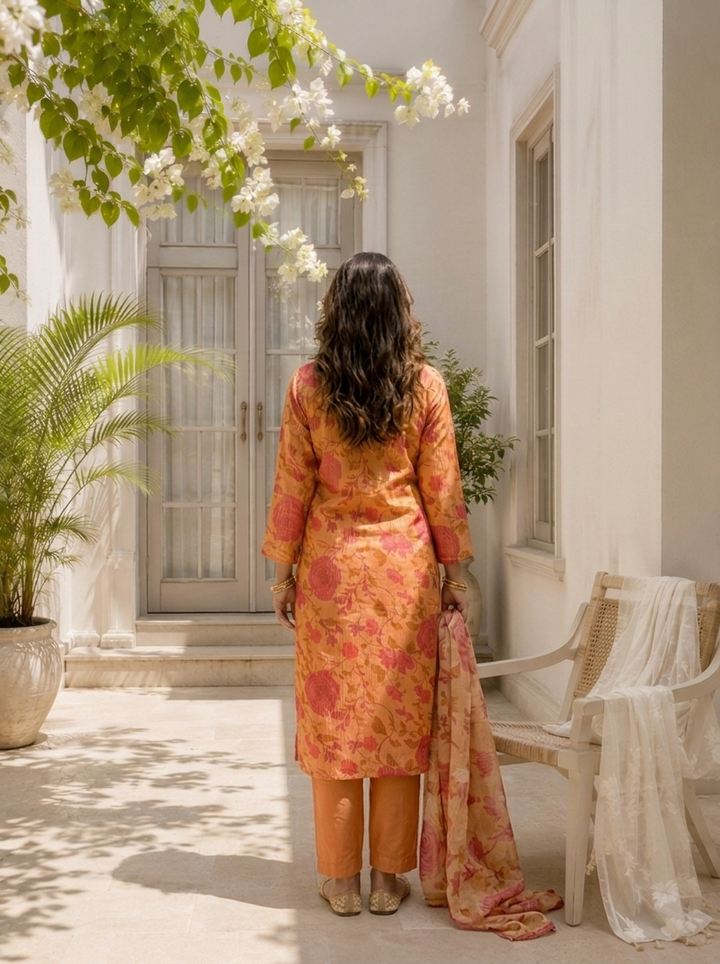 Peach Tissue Digital Floral And Pin Stripe Printed Three Piece Set