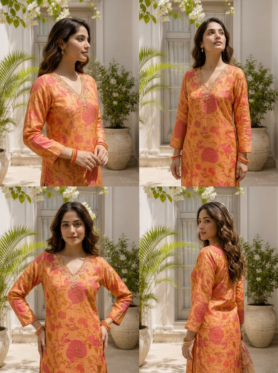 Peach Tissue Digital Floral And Pin Stripe Printed Three Piece Set