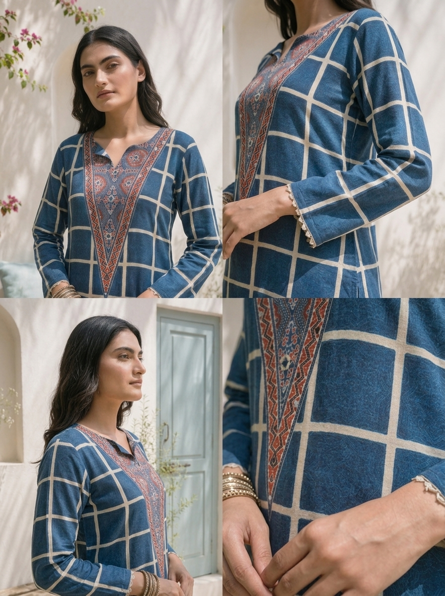Blue Muslin Grid Printed Three Piece Set