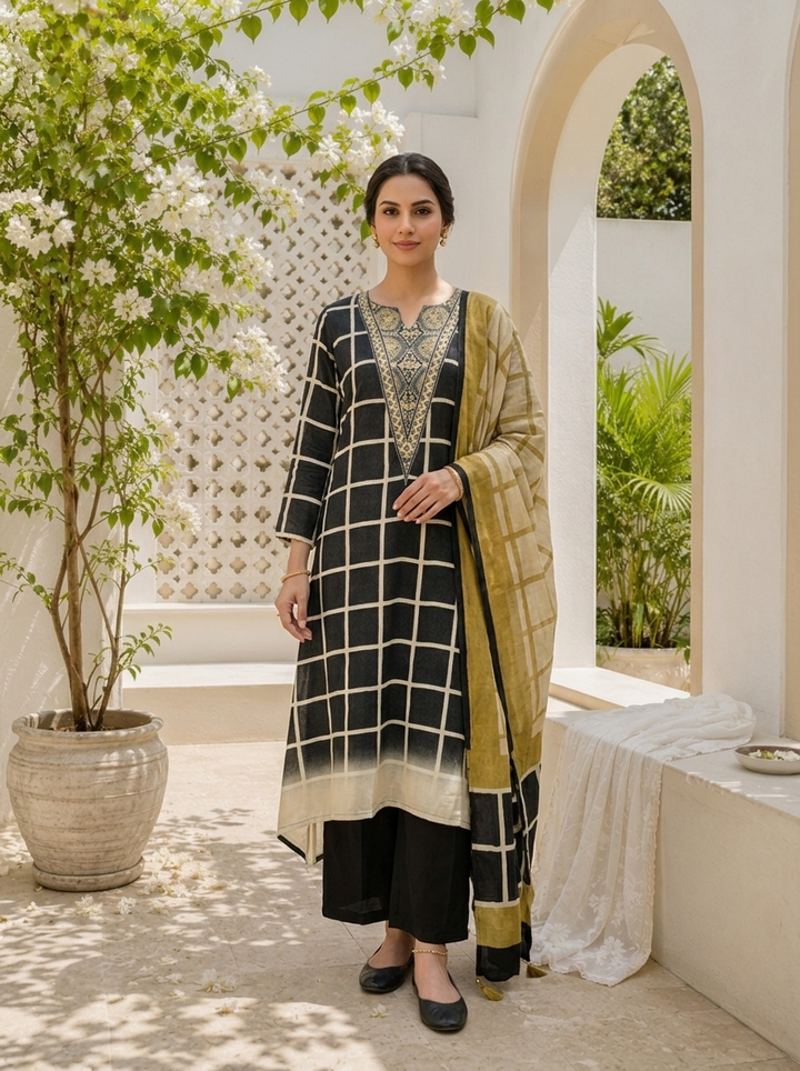 Black Muslin Grid Printed Three Piece Set