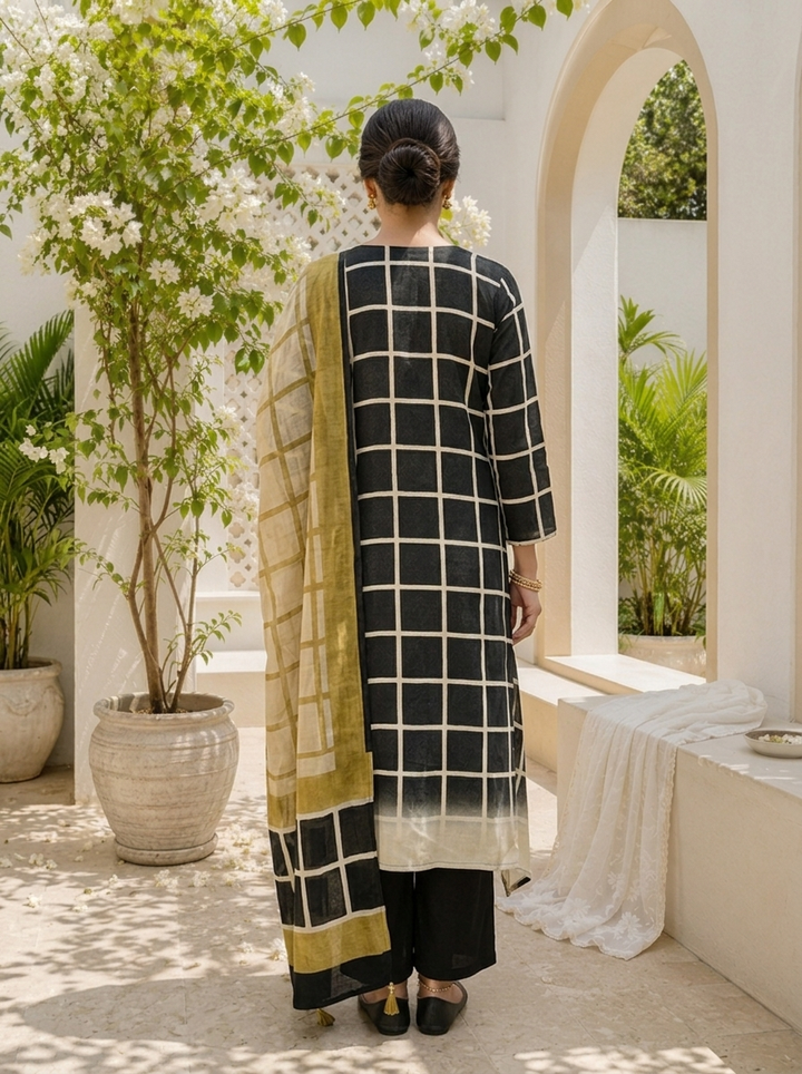 Black Muslin Grid Printed Three Piece Set