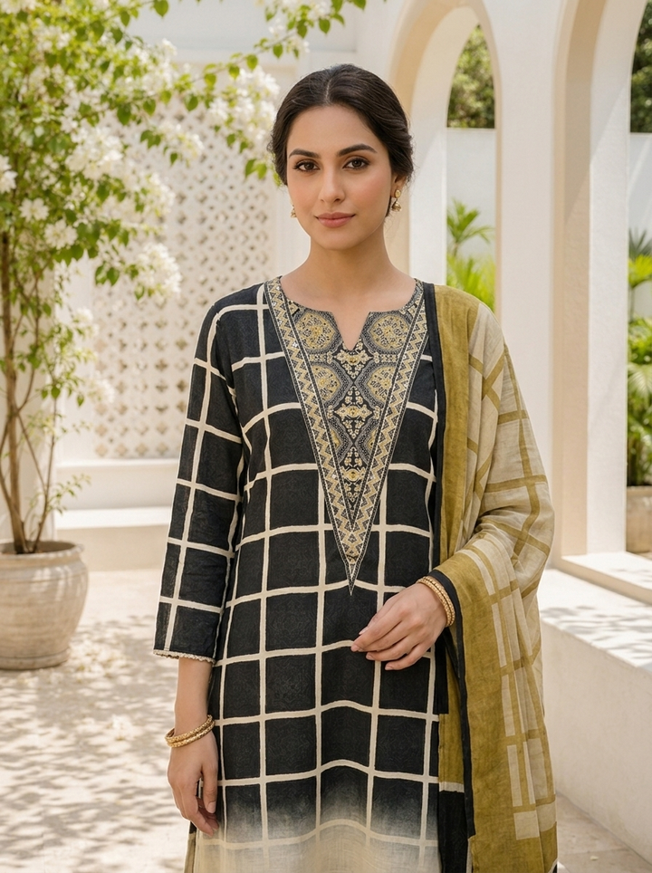 Black Muslin Grid Printed Three Piece Set