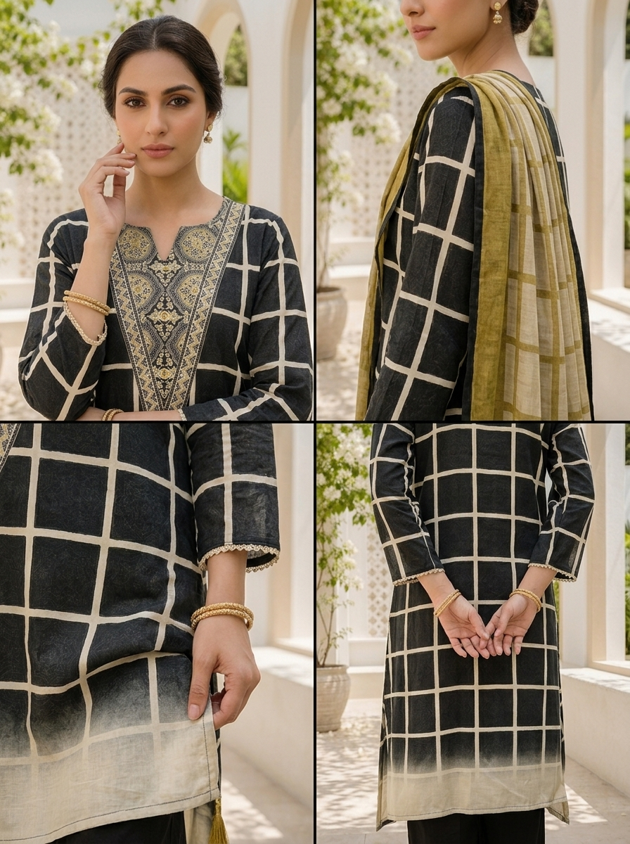 Black Muslin Grid Printed Three Piece Set