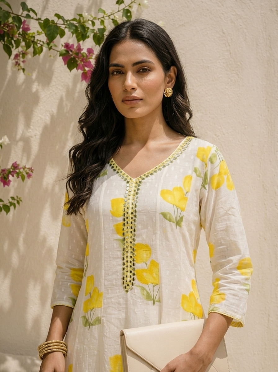 Yellow Cotton Tulip Floral Printed Three Piece Set