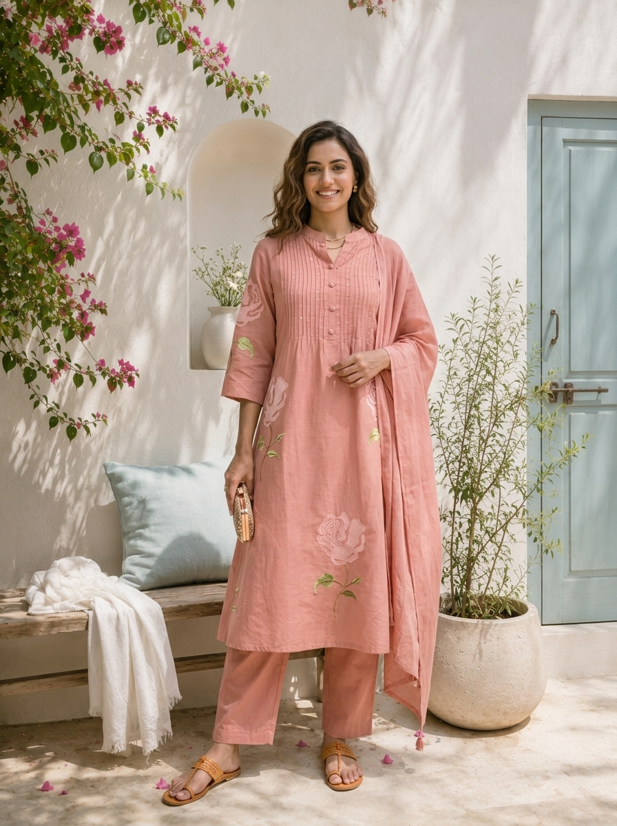 Peach Cotton Rose Embroidered Three Piece Set