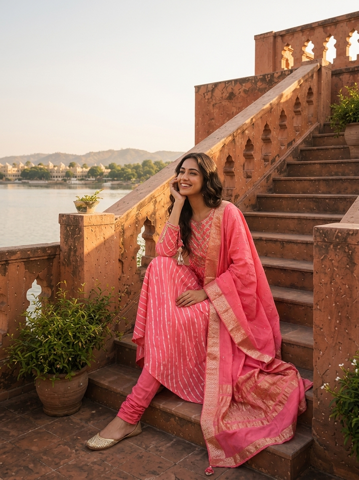 Rose Silk Diagonal Leheriya Stripes Printed Three Piece Set