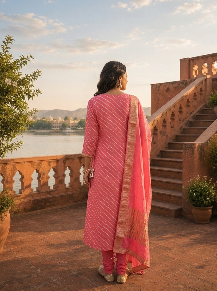 Rose Silk Diagonal Leheriya Stripes Printed Three Piece Set