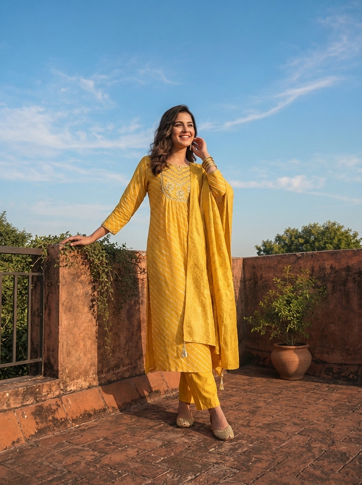 Mustard Silk Diagonal Leheriya Stripes Printed Three Piece Set