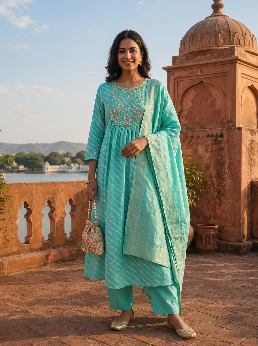 Ferozi Silk Diagonal Leheriya Stripes Printed Three Piece Set