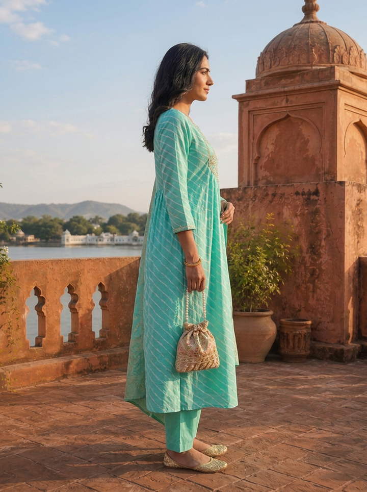 Ferozi Silk Diagonal Leheriya Stripes Printed Three Piece Set