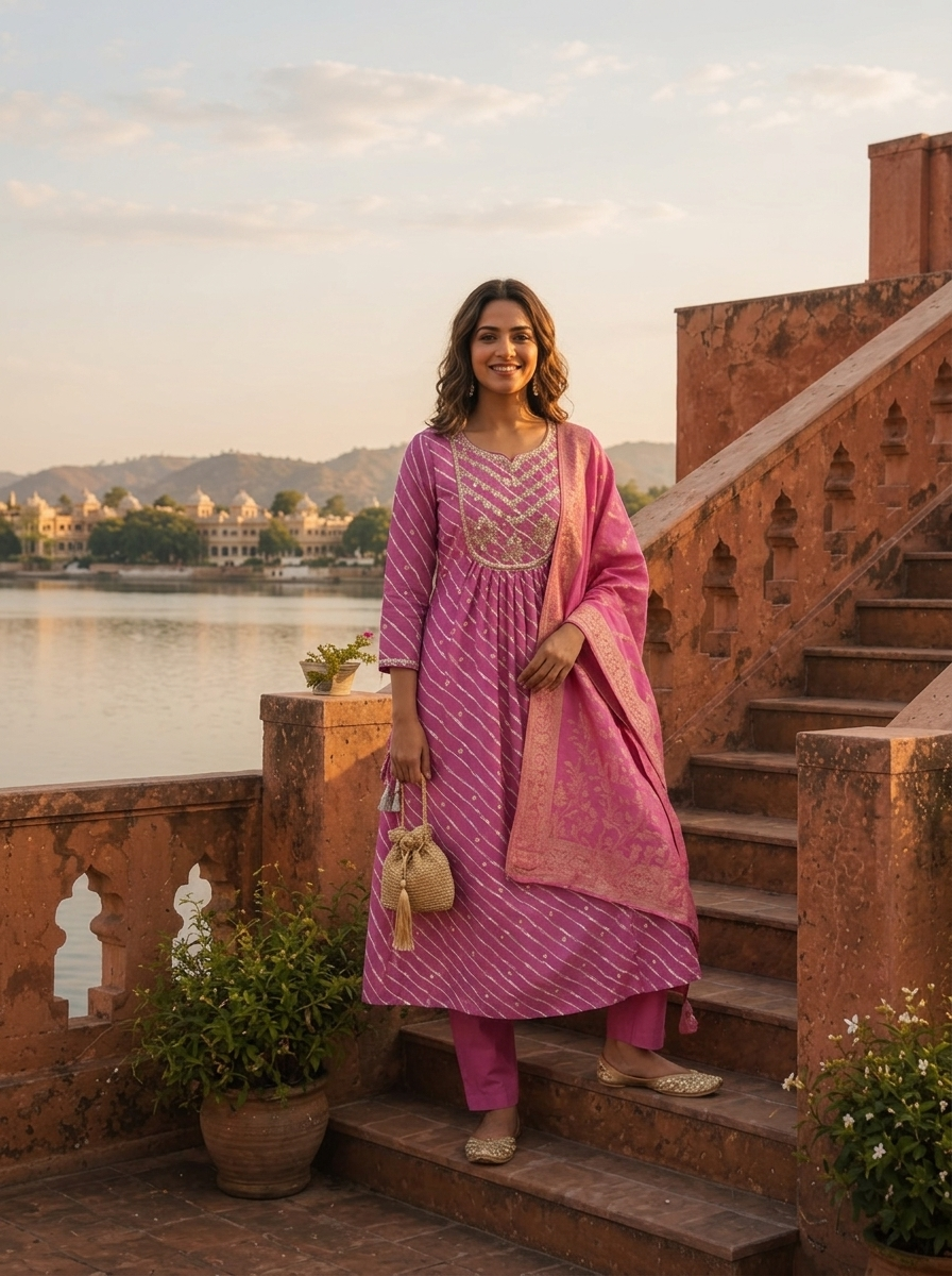 Purple Silk Diagonal Leheriya Stripes Printed Three Piece Set