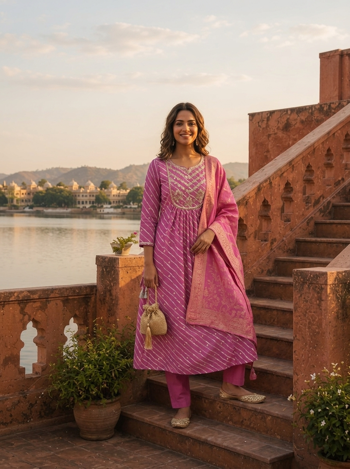 Purple Silk Diagonal Leheriya Stripes Printed Three Piece Set