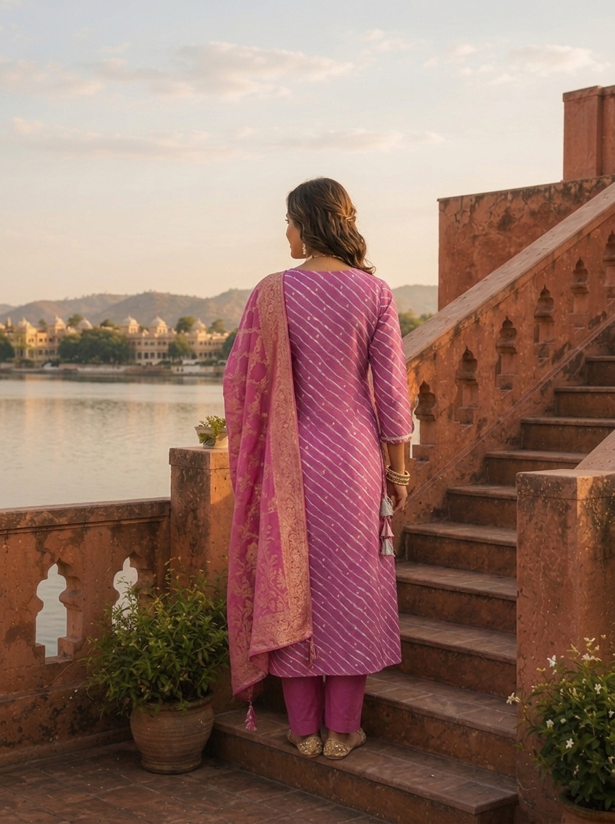 Purple Silk Diagonal Leheriya Stripes Printed Three Piece Set