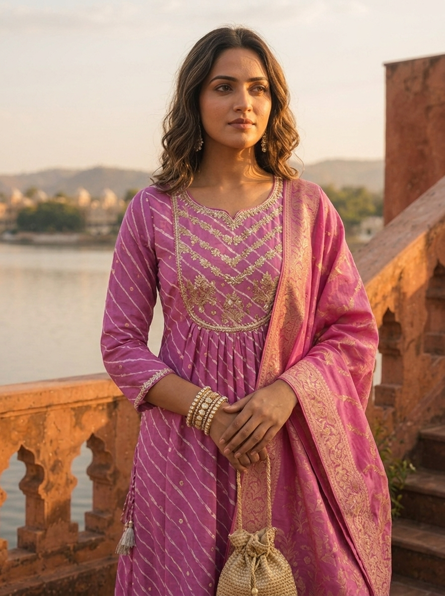 Purple Silk Diagonal Leheriya Stripes Printed Three Piece Set