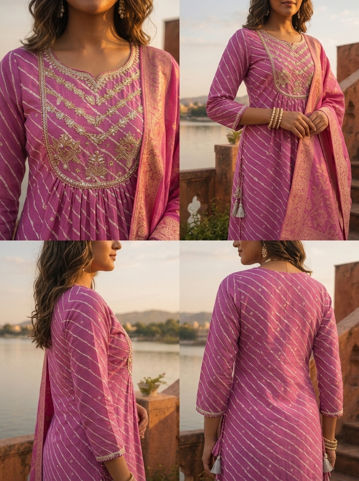 Purple Silk Diagonal Leheriya Stripes Printed Three Piece Set