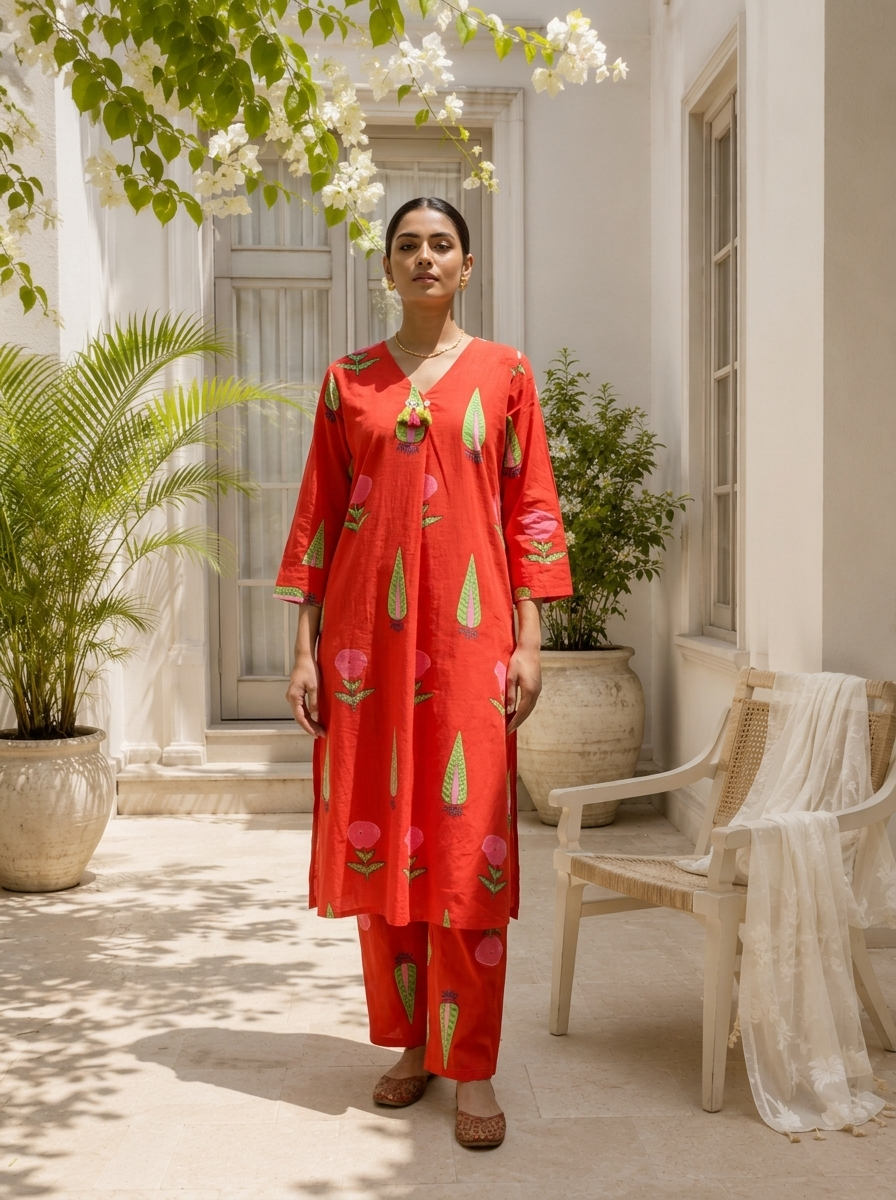 Red Cotton Handblock Style Printed Two Piece Set