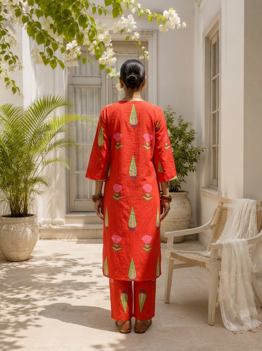 Red Cotton Handblock Style Printed Two Piece Set