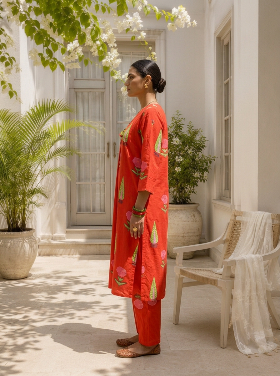 Red Cotton Handblock Style Printed Two Piece Set