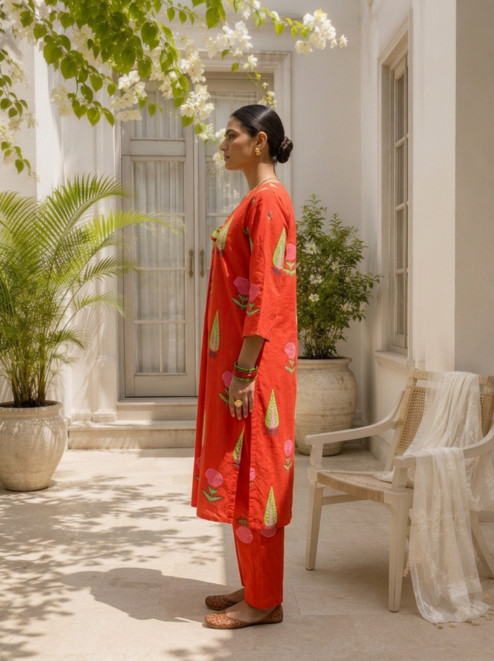 Red Cotton Handblock Style Printed Two Piece Set