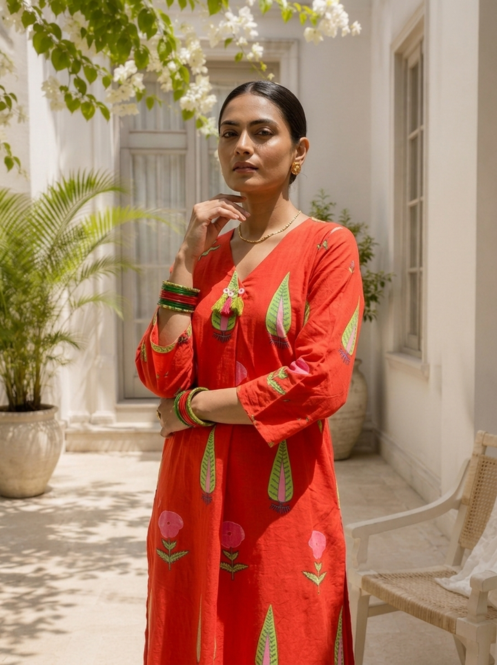 Red Cotton Handblock Style Printed Two Piece Set