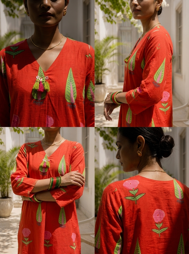 Red Cotton Handblock Style Printed Two Piece Set