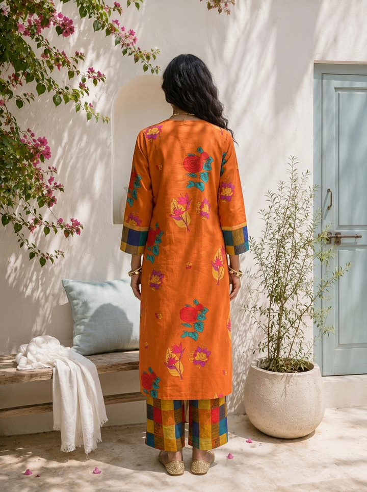 Burnt Orange Cotton Bold Digital Floral Printed Two Piece Set