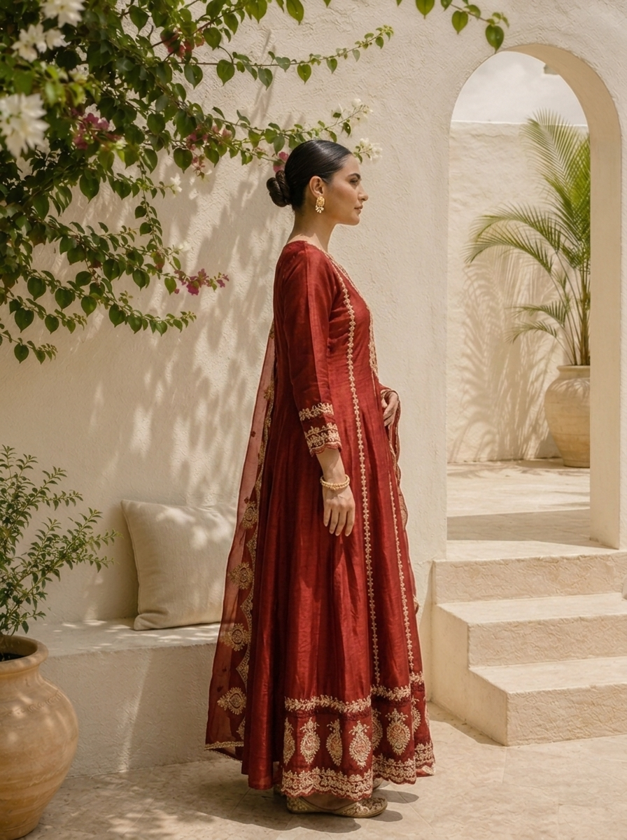 Rust Chinon Thread And Vertical Zari Embroidered Three Piece Set