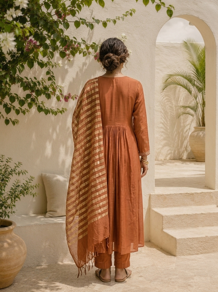 Brown Muslin Thread Embroidered Three Piece Set