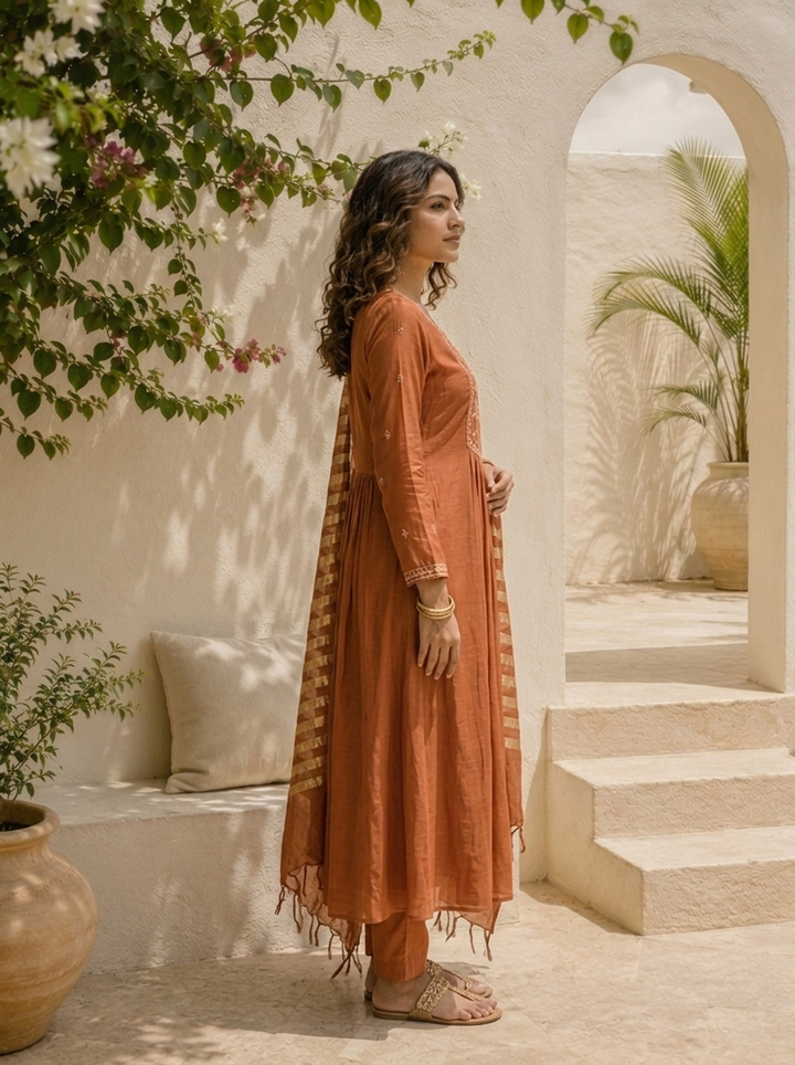 Brown Muslin Thread Embroidered Three Piece Set