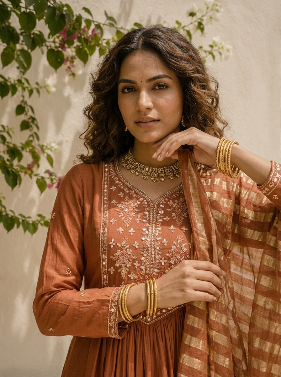 Brown Muslin Thread Embroidered Three Piece Set