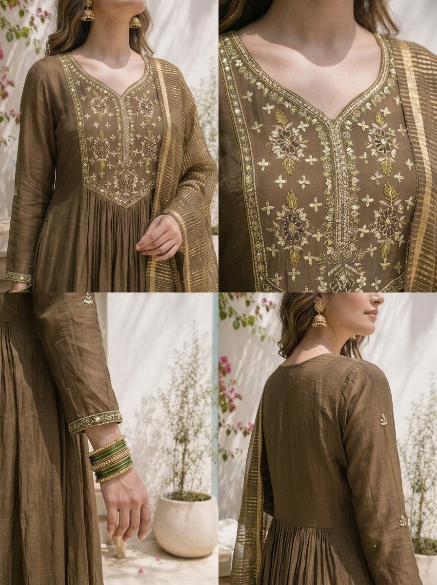 Olive Muslin Thread Embroidered Three Piece Set