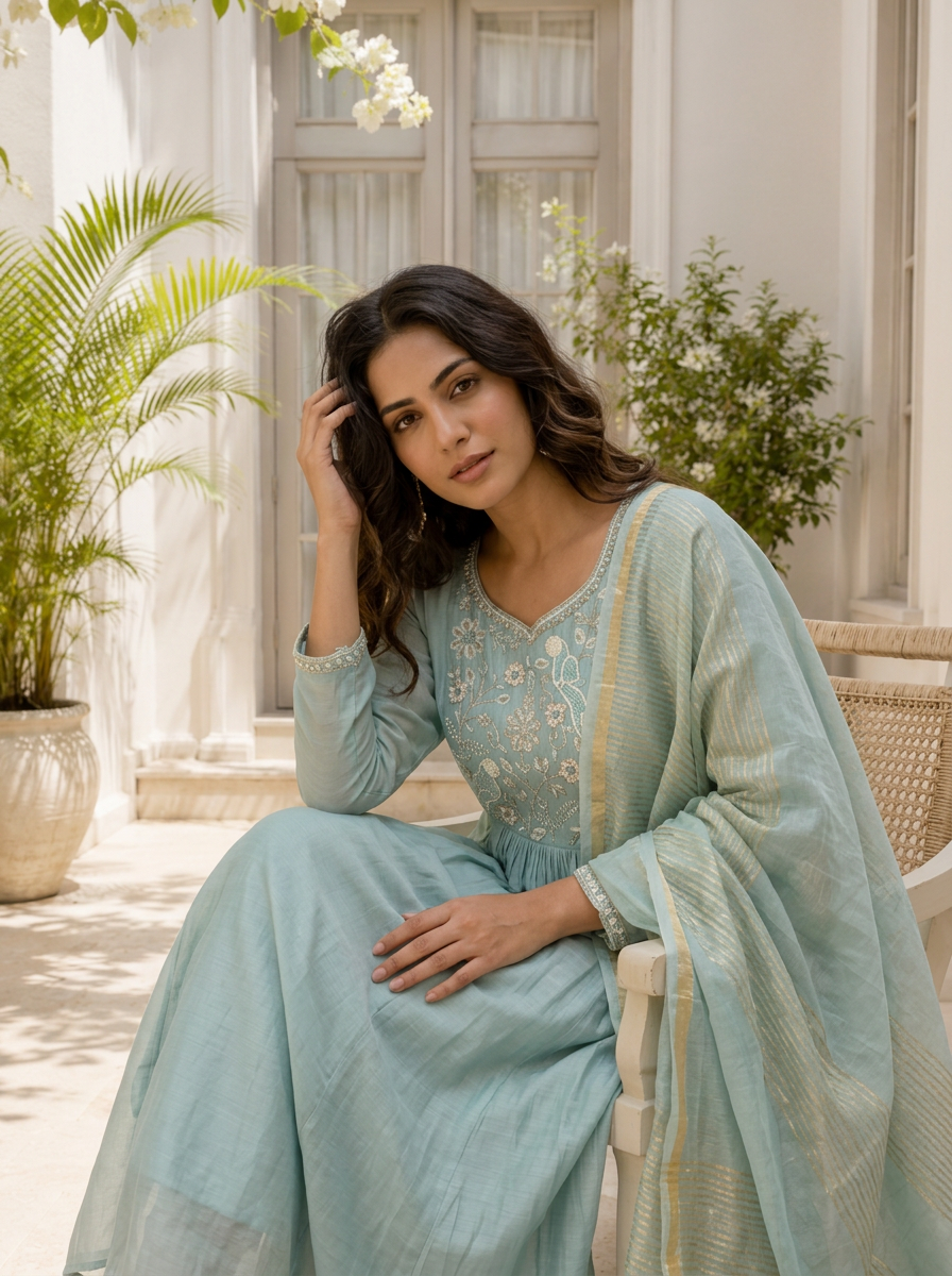 Sky Blue Muslin Bird Embroidered Three Piece Set