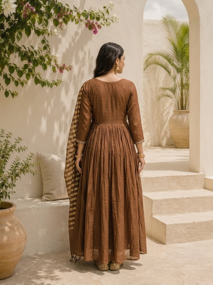Brown Muslin Palm Tree Embroidered Three Piece Set