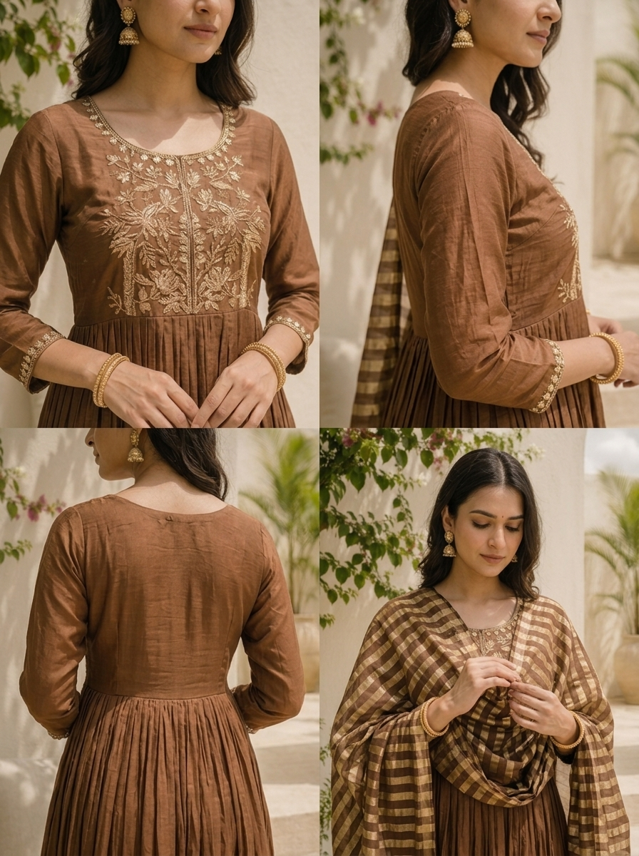 Brown Muslin Palm Tree Embroidered Three Piece Set