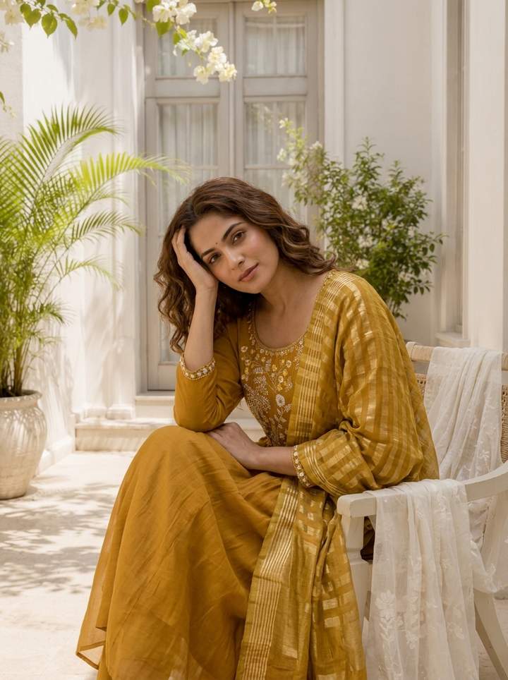 Mustard Muslin Palm Tree Embroidered Three Piece Set