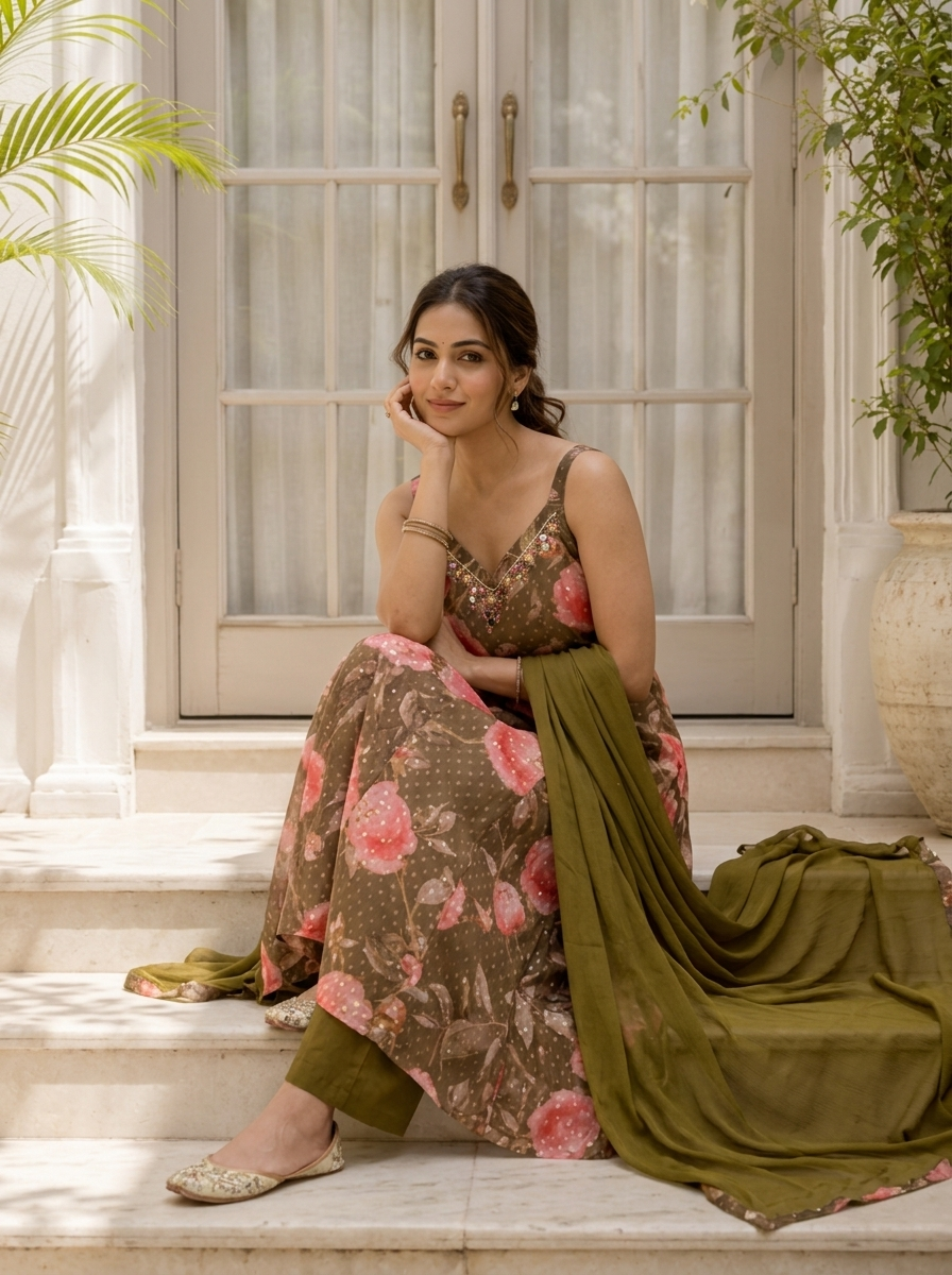 Olive Chinon Digital Floral Printed Three Piece Set