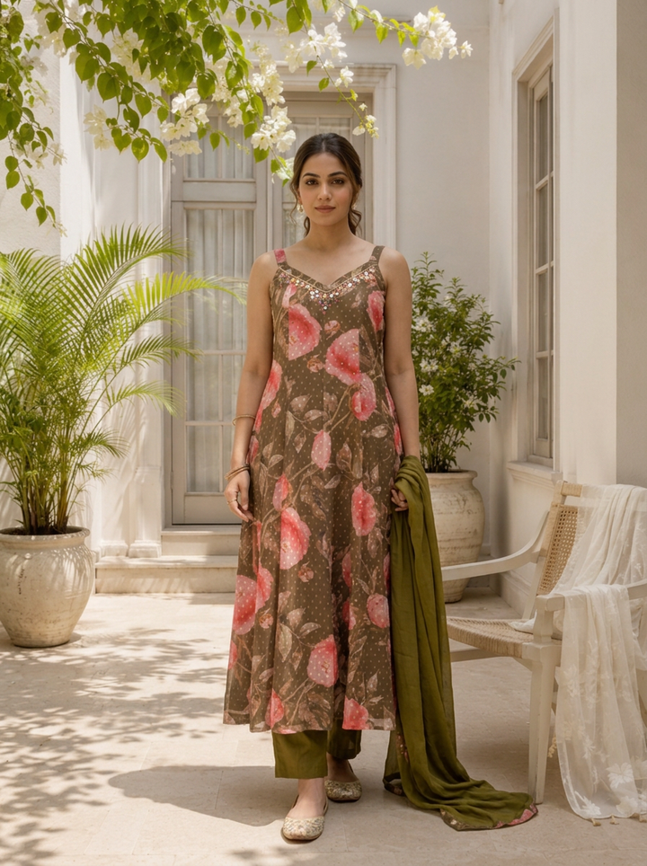 Olive Chinon Digital Floral Printed Three Piece Set