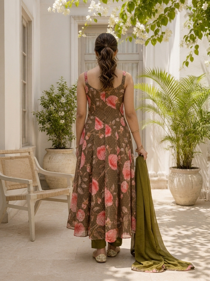 Olive Chinon Digital Floral Printed Three Piece Set