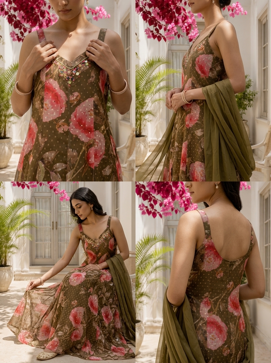 Olive Chinon Digital Floral Printed Three Piece Set