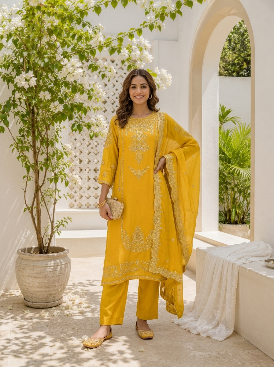 Mustard Silk Thread And Zari Embroidered Three Piece Set