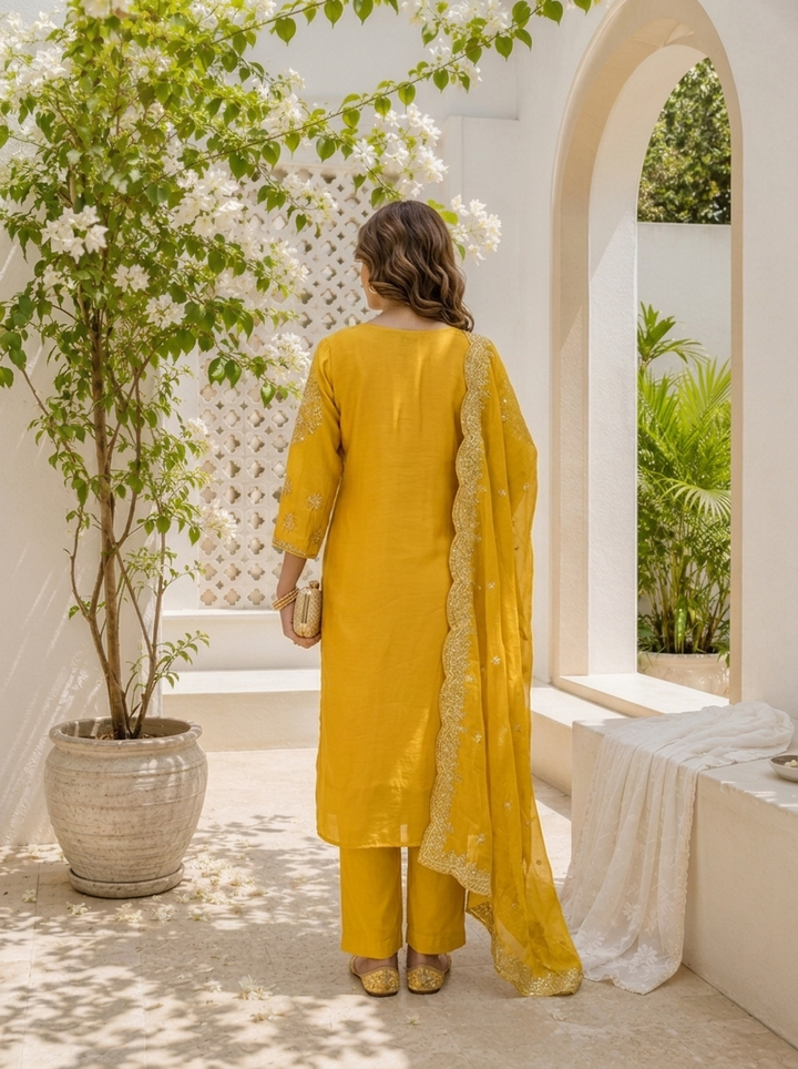 Mustard Silk Thread And Zari Embroidered Three Piece Set