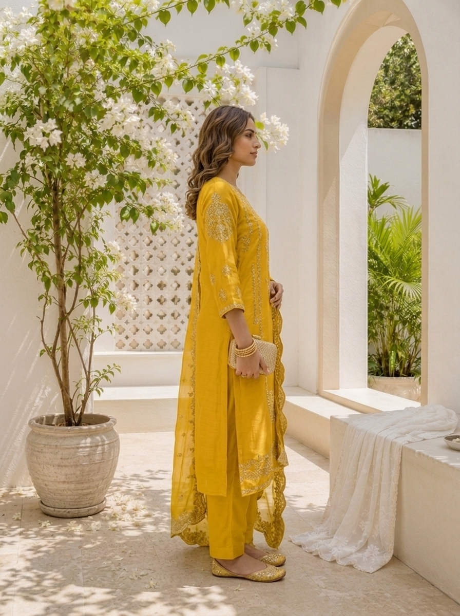 Mustard Silk Thread And Zari Embroidered Three Piece Set