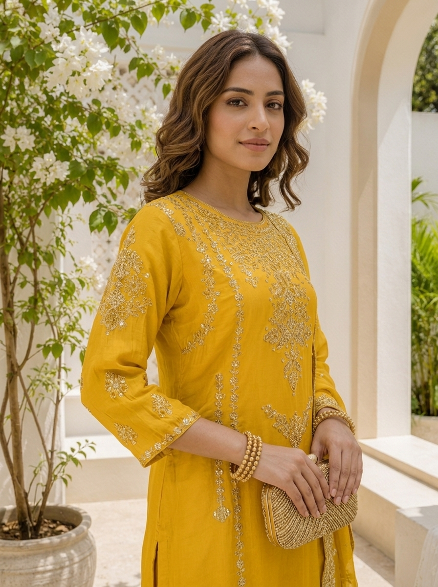 Mustard Silk Thread And Zari Embroidered Three Piece Set