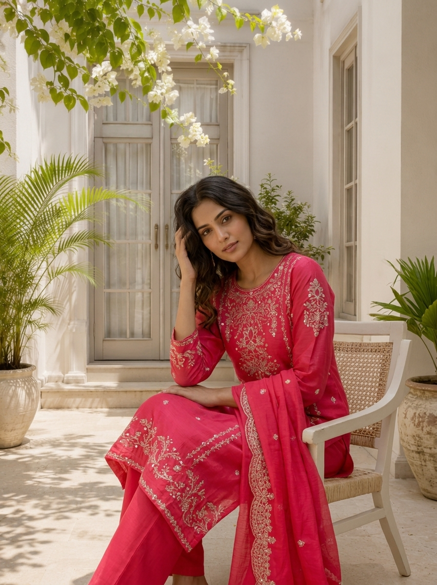 Rani Pink Silk Thread And Zari Embroidered Three Piece Set