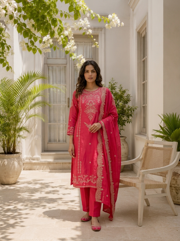 Rani Pink Silk Thread And Zari Embroidered Three Piece Set