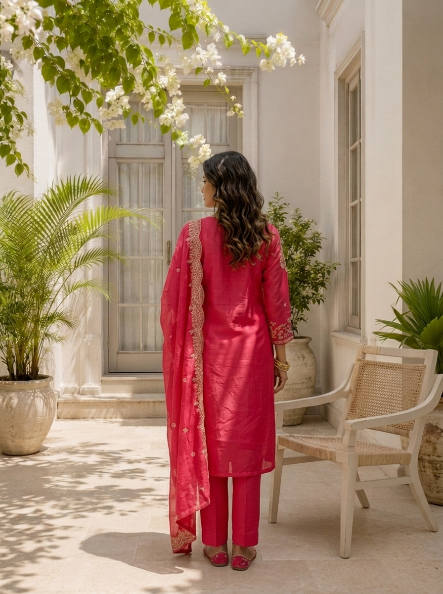 Rani Pink Silk Thread And Zari Embroidered Three Piece Set