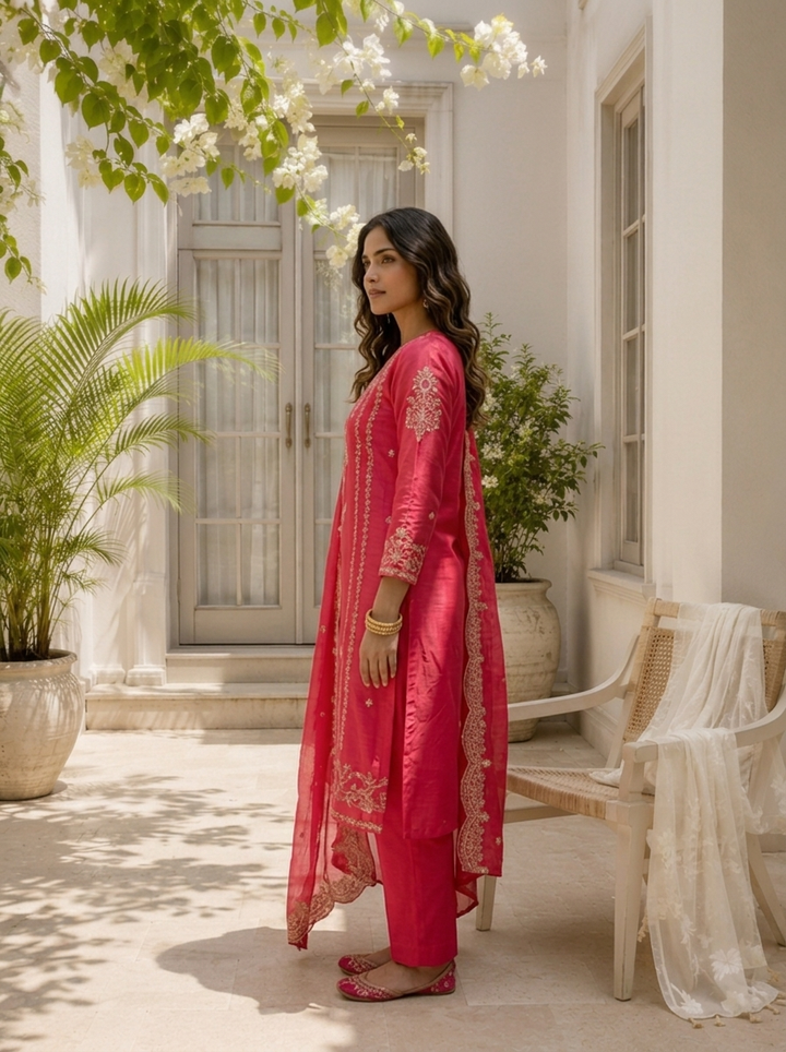Rani Pink Silk Thread And Zari Embroidered Three Piece Set