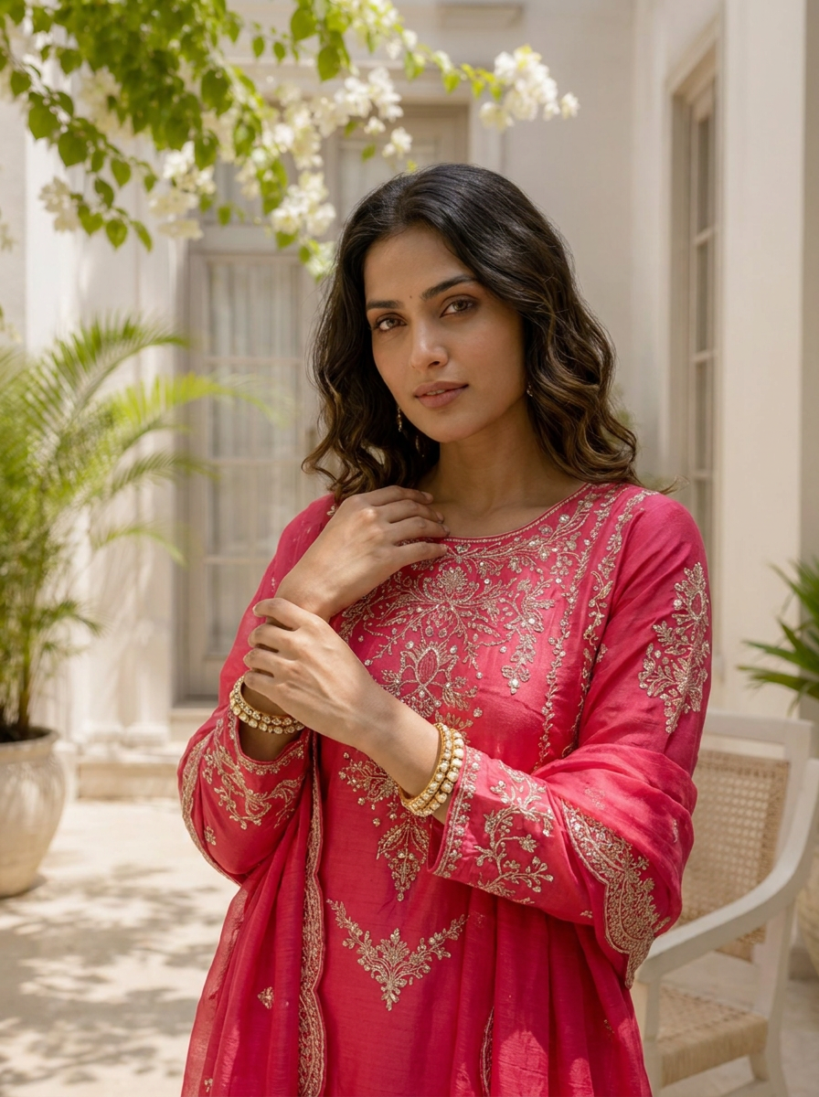 Rani Pink Silk Thread And Zari Embroidered Three Piece Set