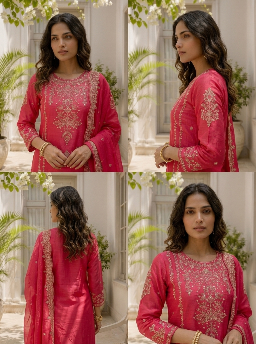 Rani Pink Silk Thread And Zari Embroidered Three Piece Set