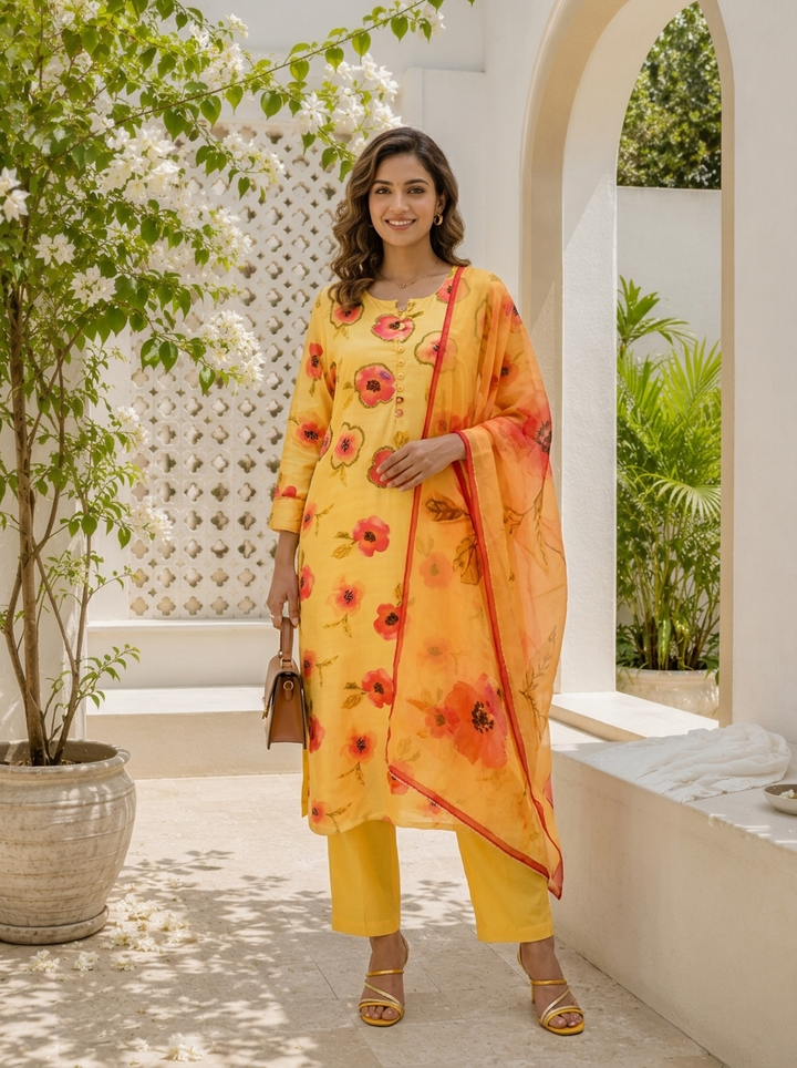 Yellow Linen Floral And Leaf Printed Three Piece Set